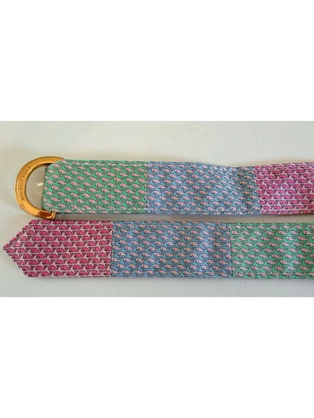 Vineyard Vines Patchwork Whale Design Silk D-Ring Belt Large Adjustable Preppy